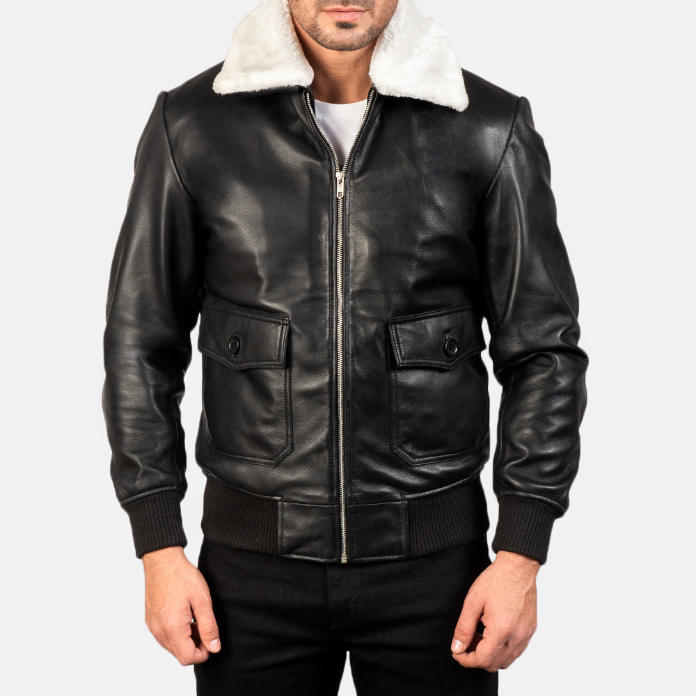 
Close-Up Detail of Shirt with Removable Fur & Zipper Hardware on Airin G-1 Black & White Leather Bomber Jacket