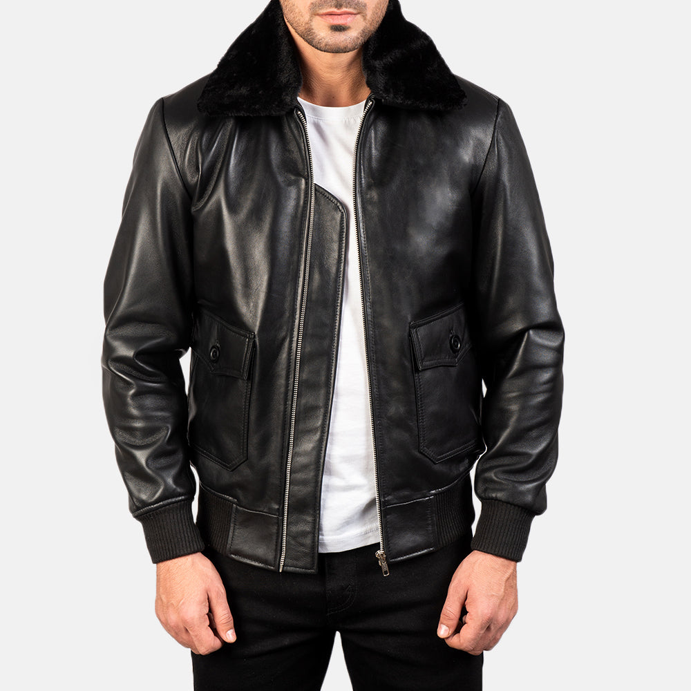 
Airin G-1 Black Leather Bomber Jacket in Black Sheepskin Leather - Front Profile View & Tailored Silhouette | Buy Online