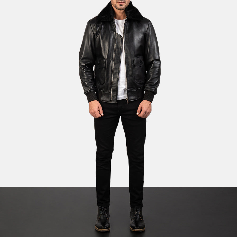 
Airin G-1 Black Leather Bomber Jacket - Lateral Side Profile View Showing Sleeve Cut & Athletic Taper Fit