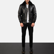 
Airin G-1 Black Leather Bomber Jacket - Lateral Side Profile View Showing Sleeve Cut & Athletic Taper Fit
