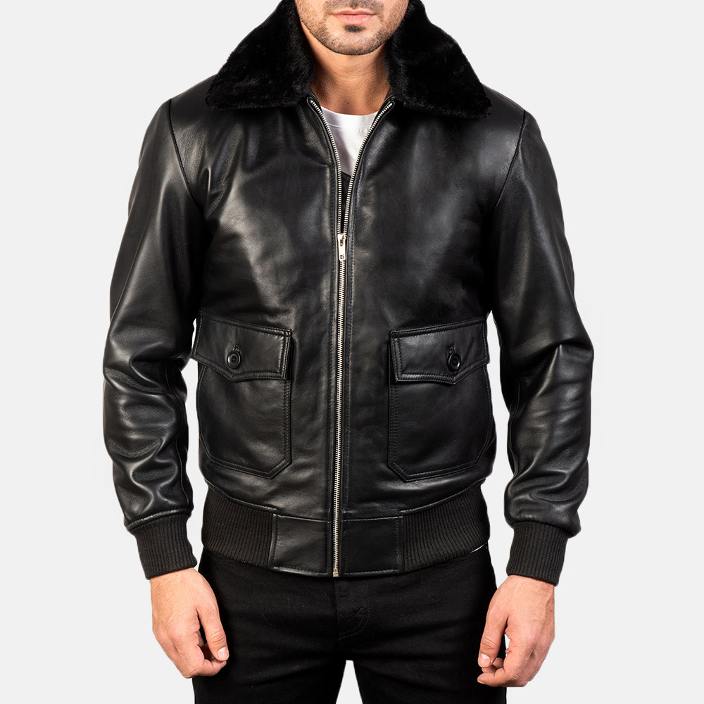 
Close-Up Detail of Shirt with Removable Fur & Zipper Hardware on Airin G-1 Black Leather Bomber Jacket