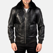 
Close-Up Detail of Shirt with Removable Fur & Zipper Hardware on Airin G-1 Black Leather Bomber Jacket