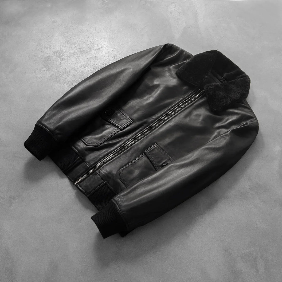 
Rib Knit & Hem Craftsmanship Construction Detail on Airin G-1 Black Leather Bomber Jacket