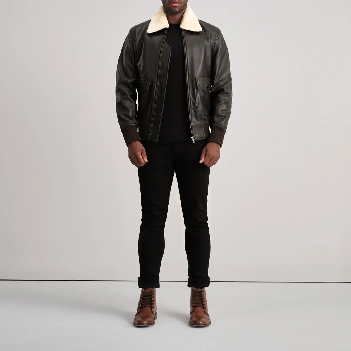 
Airin G-1 Brown & Cream Leather Bomber Jacket - Lateral Side Profile View Showing Sleeve Cut & Athletic Taper Fit