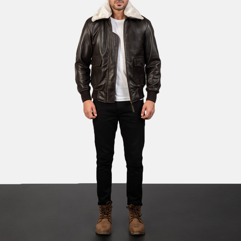 Men's Airin G-1 Brun Bomberjakke i Skinn for Herre - Lateral Side Profile View Showing Sleeve Cut &amp; Athletic Taper Fit
