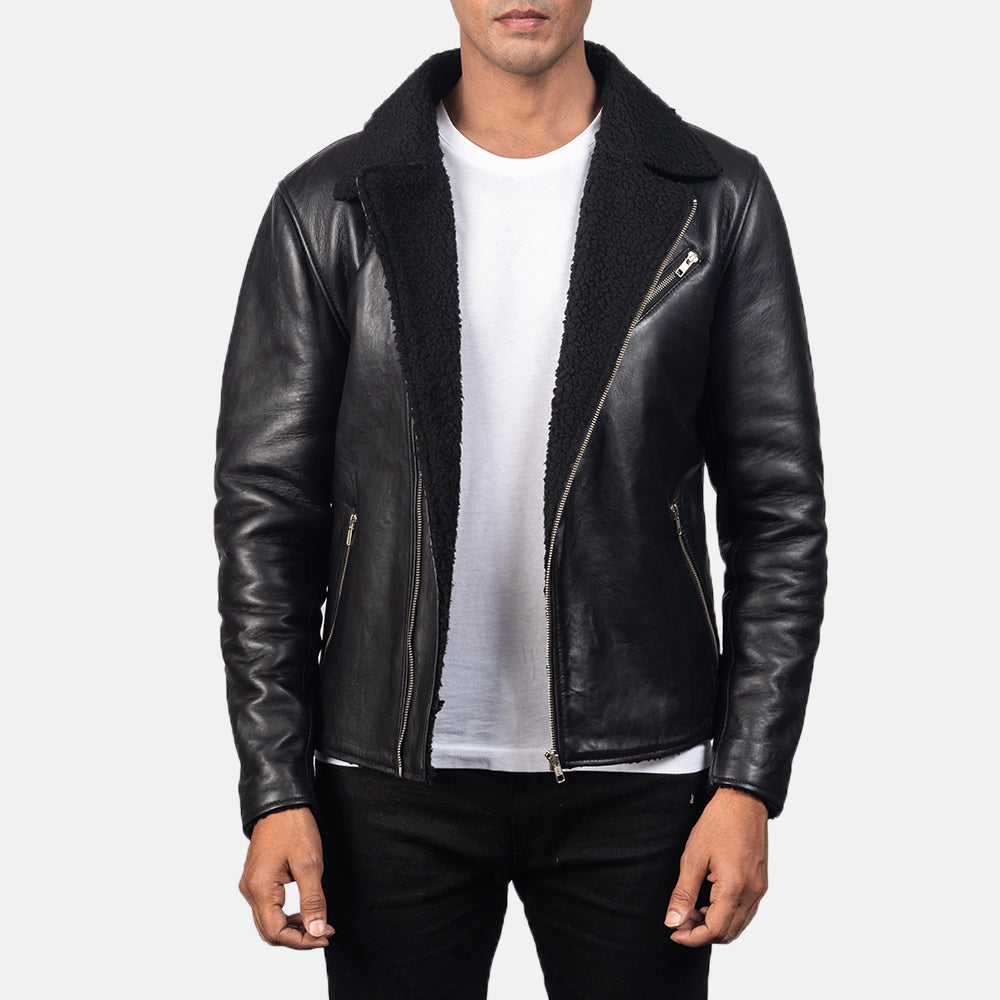 Men's Alberto Shearling Svart Skinnjakke for Herre in Black Sheepskin Leather - Front Profile View &amp; Tailored Silhouette | Buy Online