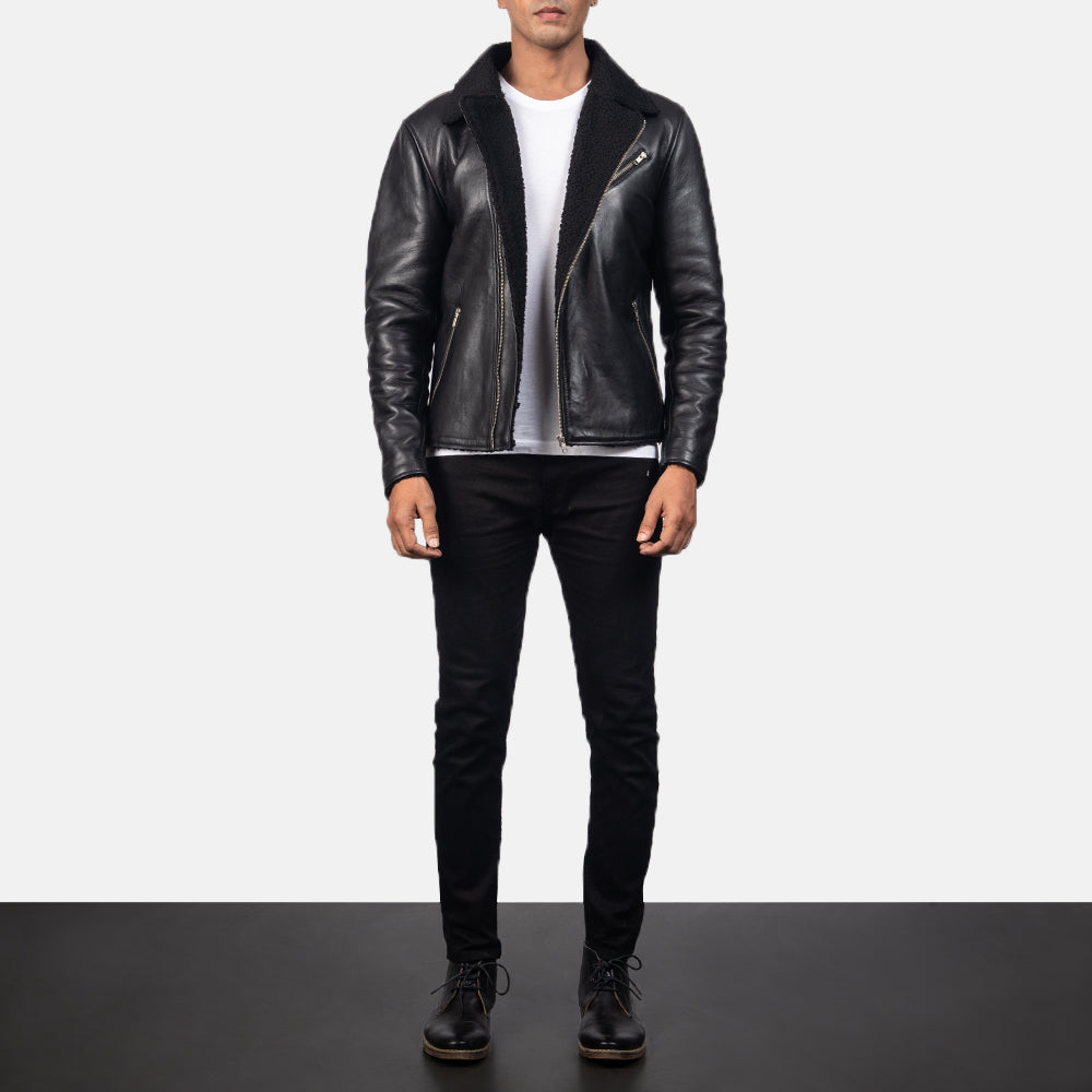 Close-Up Detail of Notch &amp; Zipper Hardware on Men's Alberto Shearling Svart Skinnjakke for Herre