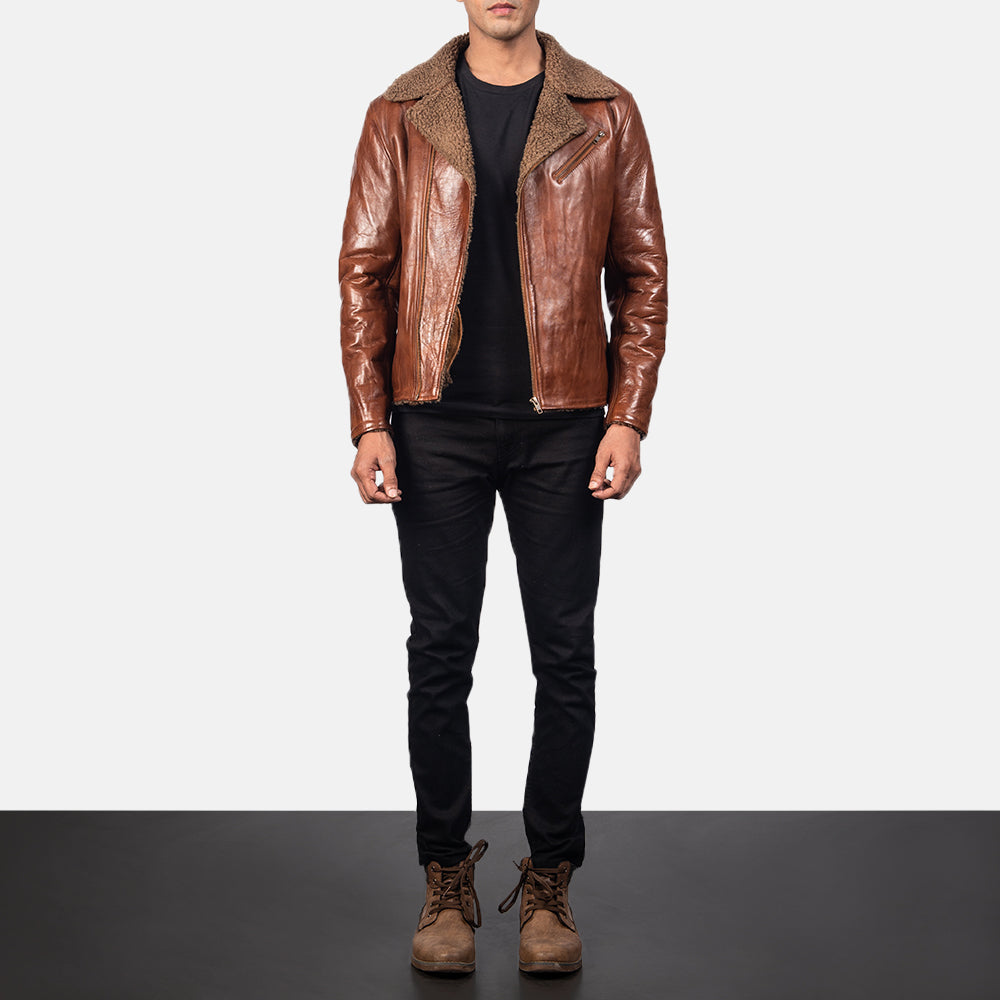Close-Up Detail of Notch &amp; Zipper Hardware on Men's Alberto Shearling Brun Skinnjakke for Herre