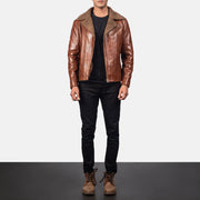 Close-Up Detail of Notch &amp; Zipper Hardware on Men's Alberto Shearling Brun Skinnjakke for Herre