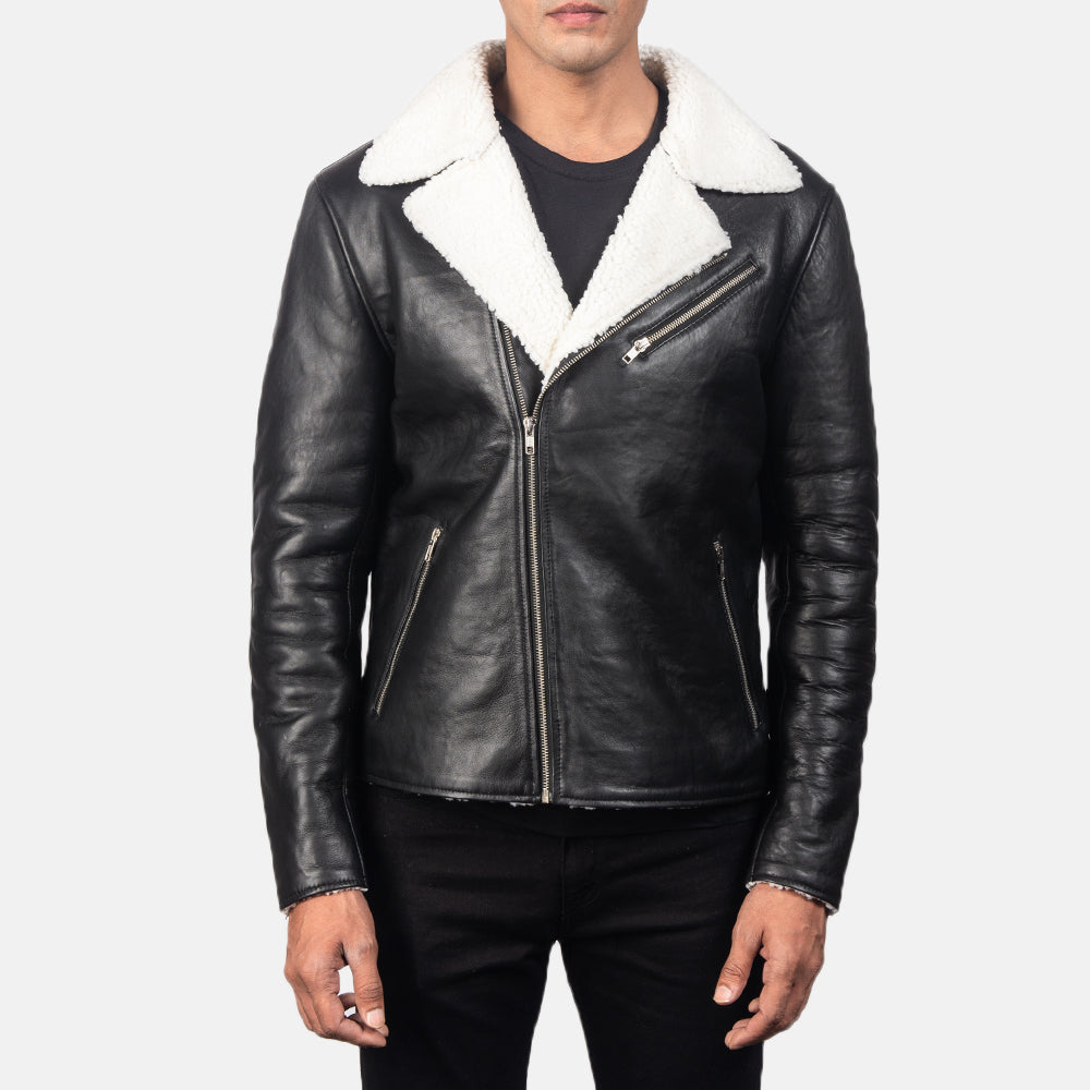 
Alberto White Shearling Black Leather Jacket - Lateral Side Profile View Showing Sleeve Cut & Athletic Taper Fit