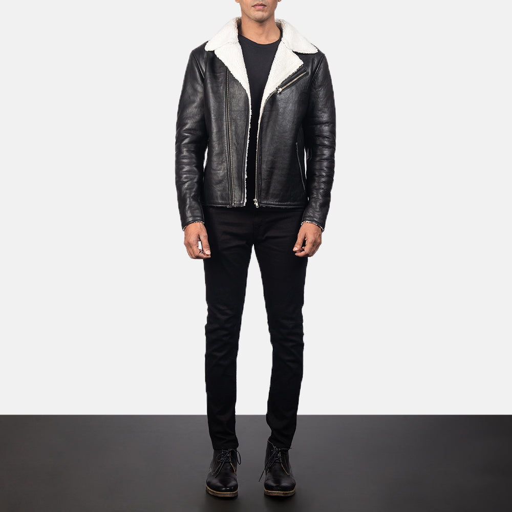 
Close-Up Detail of Notch & Zipper Hardware on Alberto White Shearling Black Leather Jacket