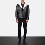 
Close-Up Detail of Notch & Zipper Hardware on Alberto White Shearling Black Leather Jacket