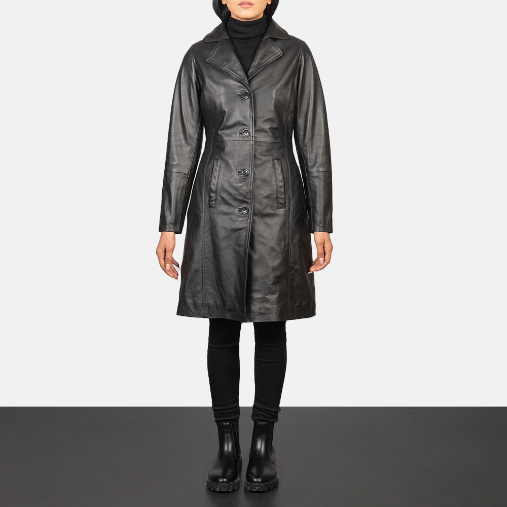 
Alexis Black Single Breasted Leather Coat in Black Cowhide Leather - Front Profile View & Tailored Silhouette | Buy Online