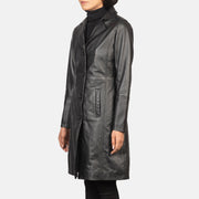 
Alexis Black Single Breasted Leather Coat - Lateral Side Profile View Showing Sleeve Cut & Athletic Taper Fit
