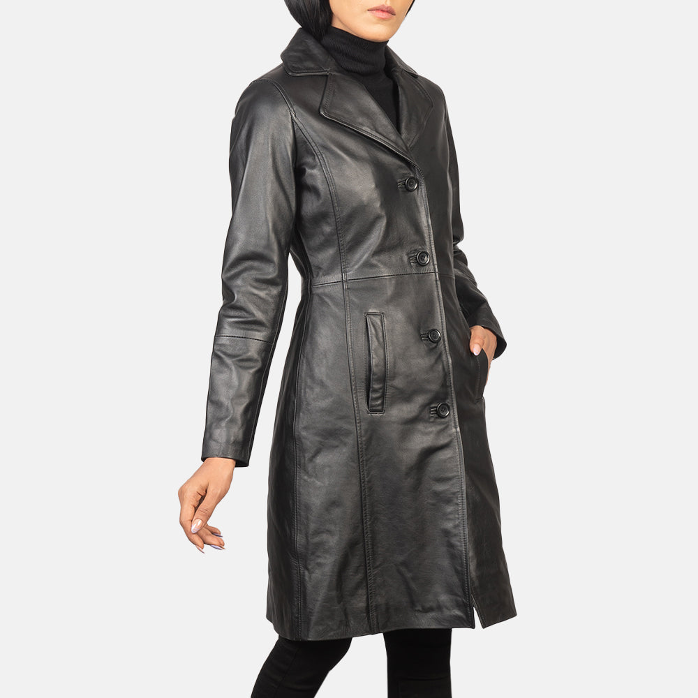 
Close-Up Detail of Notch & Buttons Hardware on Alexis Black Single Breasted Leather Coat