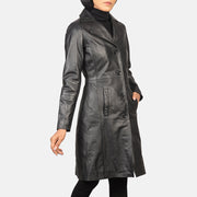 
Close-Up Detail of Notch & Buttons Hardware on Alexis Black Single Breasted Leather Coat