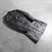 
Open Hem & Hem Craftsmanship Construction Detail on Alexis Black Single Breasted Leather Coat