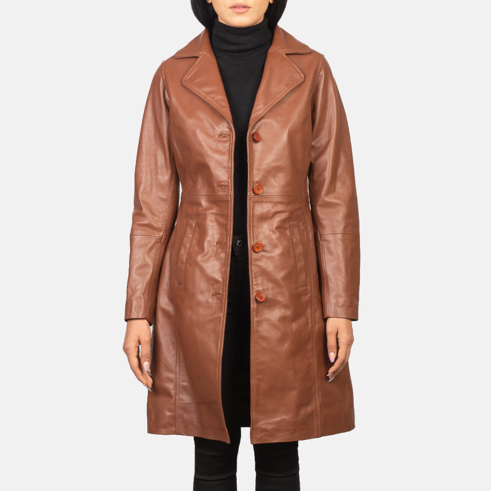 
Alexis Brown Single Breasted Leather Coat in Brown Cowhide Leather - Front Profile View & Tailored Silhouette | Buy Online