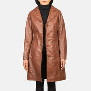 
Alexis Brown Single Breasted Leather Coat in Brown Cowhide Leather - Front Profile View & Tailored Silhouette | Buy Online