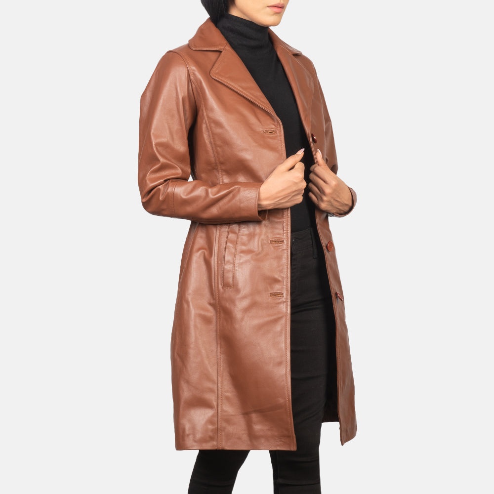 
Close-Up Detail of Notch & Buttons Hardware on Alexis Brown Single Breasted Leather Coat
