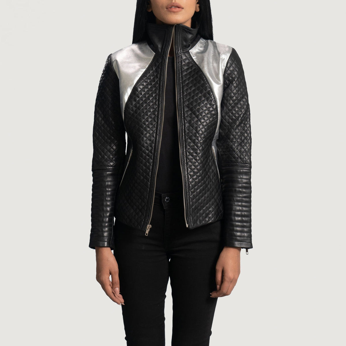 Women's Alia Metallic Svart Bikerjakke i Skinn for Kvinner in Black Sheepskin Leather - Front Profile View &amp; Tailored Silhouette | Buy Online