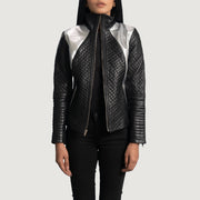 Women's Alia Metallic Svart Bikerjakke i Skinn for Kvinner in Black Sheepskin Leather - Front Profile View &amp; Tailored Silhouette | Buy Online