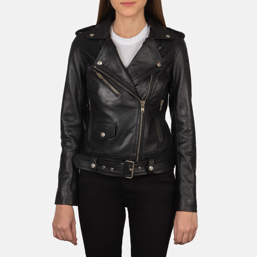 Women's Alison Svart Bikerjakke i Skinn for Kvinner in Black Cowhide Leather - Front Profile View &amp; Tailored Silhouette | Buy Online