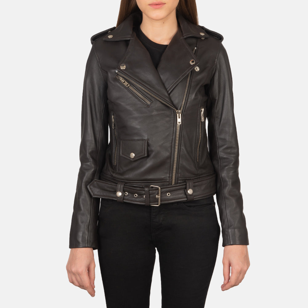 Close-Up Detail of Notch & Zipper Hardware on Women's Alison Brown Leather Biker Jacket