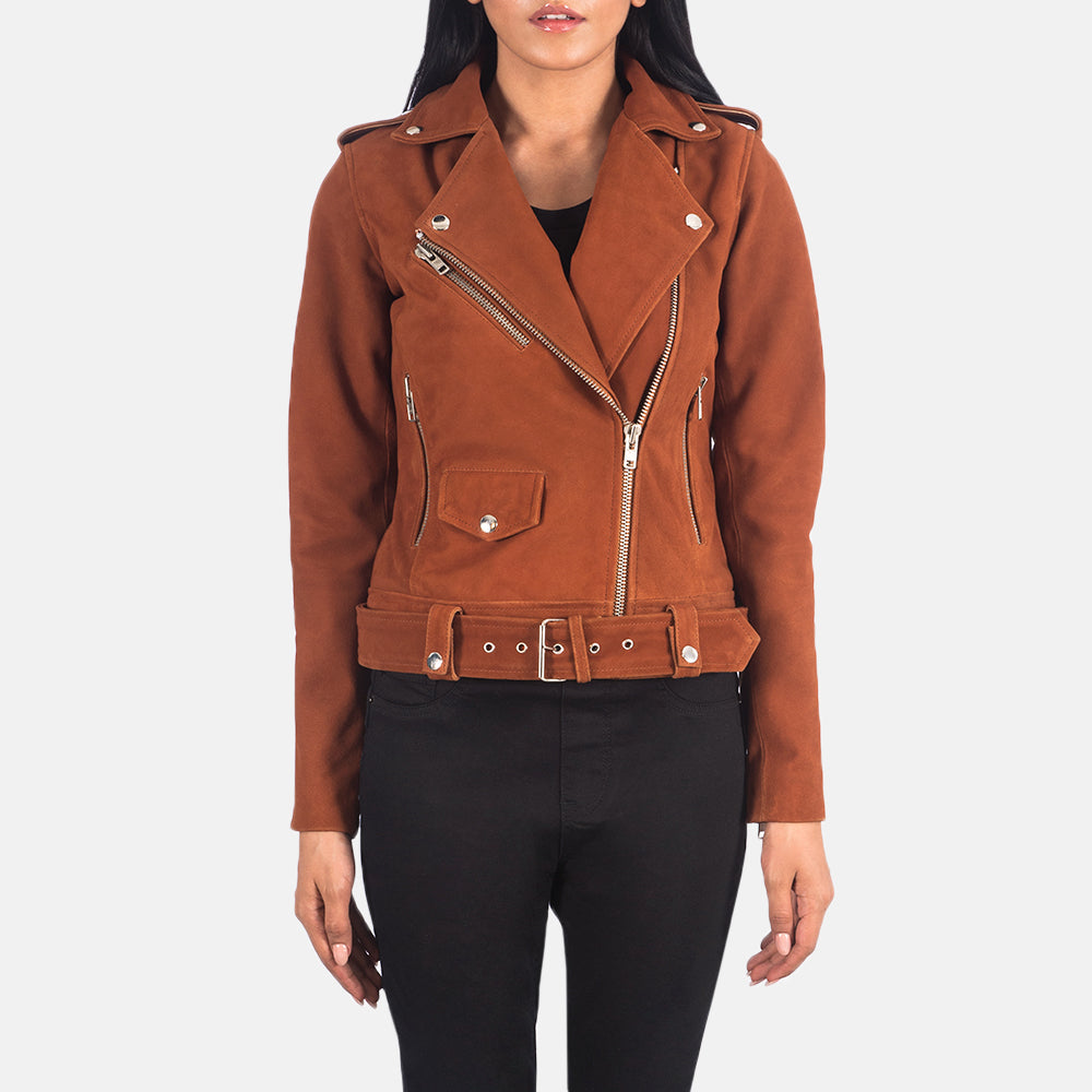 Women's Alison Brun Suede Bikerjakke i Skinn for Kvinner in Brown Goatskin Suede - Front Profile View &amp; Tailored Silhouette | Buy Online