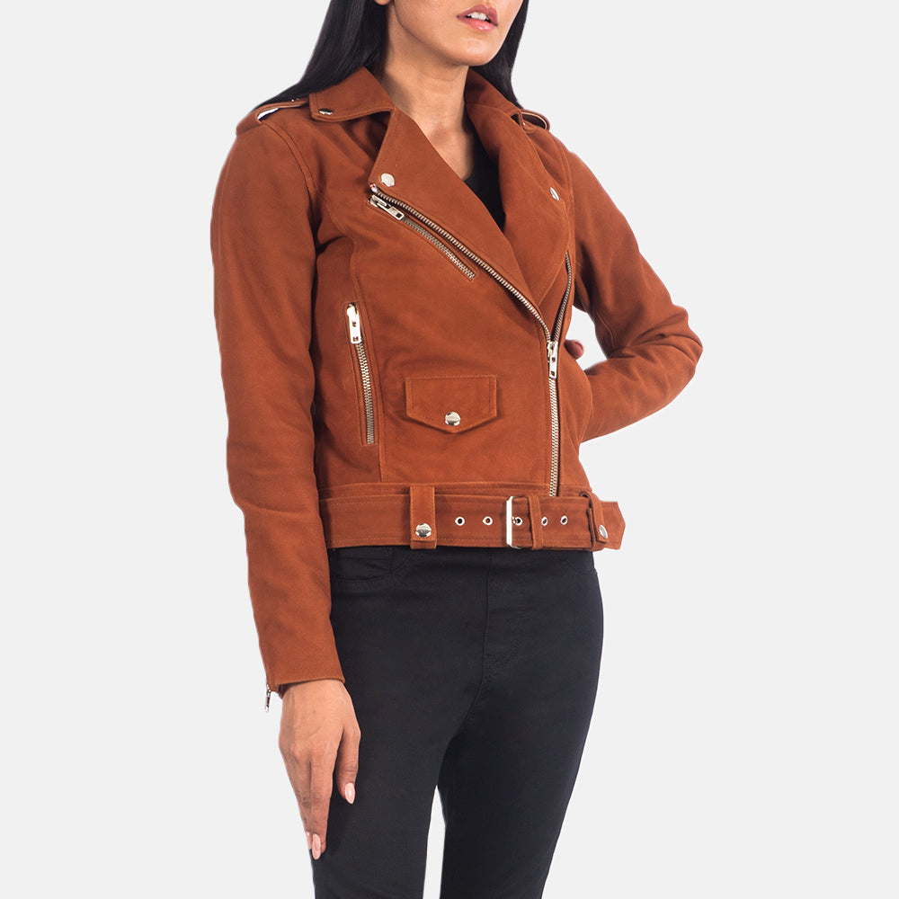 Close-Up Detail of Notch &amp; Zipper Hardware on Women's Alison Brun Suede Bikerjakke i Skinn for Kvinner