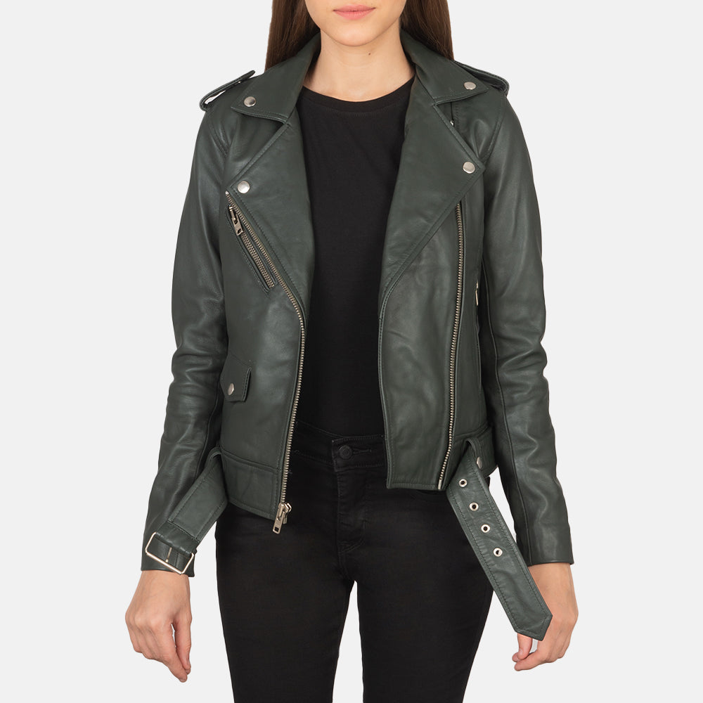 Women's Alison Green Bikerjakke i Skinn for Kvinner in Green Sheepskin Leather - Front Profile View &amp; Tailored Silhouette | Buy Online