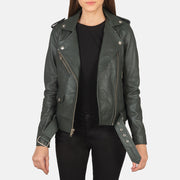 Women's Alison Green Bikerjakke i Skinn for Kvinner in Green Sheepskin Leather - Front Profile View &amp; Tailored Silhouette | Buy Online