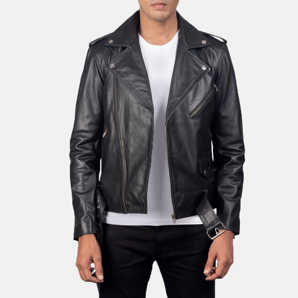 
Allaric Alley Black Leather Biker Jacket in Black Cowhide Leather - Front Profile View & Tailored Silhouette | Buy Online