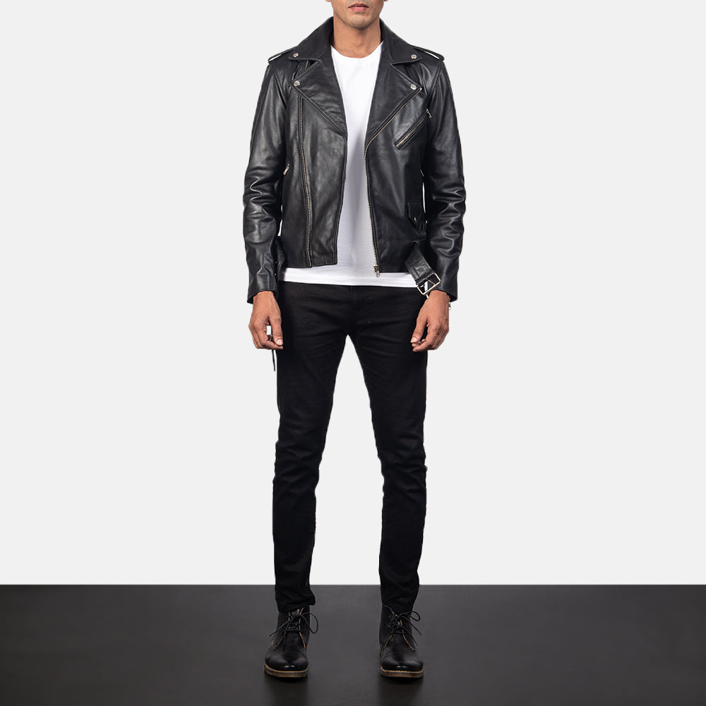
Allaric Alley Black Leather Biker Jacket - Lateral Side Profile View Showing Sleeve Cut & Athletic Taper Fit