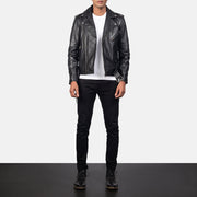 
Allaric Alley Black Leather Biker Jacket - Lateral Side Profile View Showing Sleeve Cut & Athletic Taper Fit