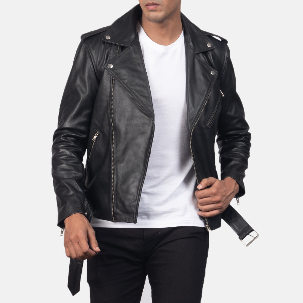 
Close-Up Detail of Notch & Zipper & Waist belt Hardware on Allaric Alley Black Leather Biker Jacket