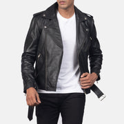 
Close-Up Detail of Notch & Zipper & Waist belt Hardware on Allaric Alley Black Leather Biker Jacket