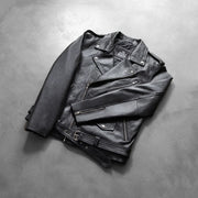 
Styled Fit Perspective of Allaric Alley Black Leather Biker Jacket on Model - Natural Daylight Drape