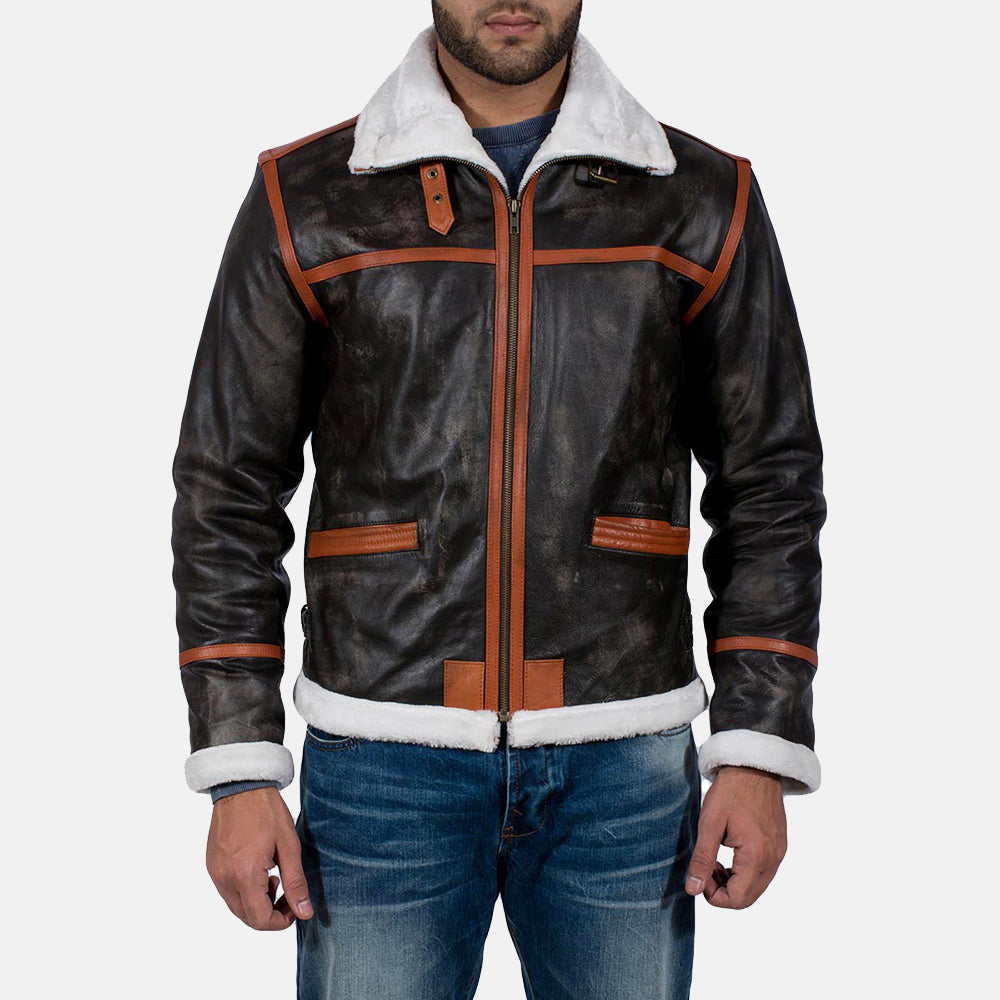 Men's Alpine Brun Fur Skinnjakke for Herre in Distressed Brown Goatskin Leather - Front Profile View &amp; Tailored Silhouette | Buy Online