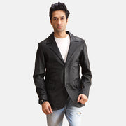 Alyson Svart Skinnblazer for Herre in Black Sheepskin Leather - Front Profile View &amp; Tailored Silhouette | Buy Online