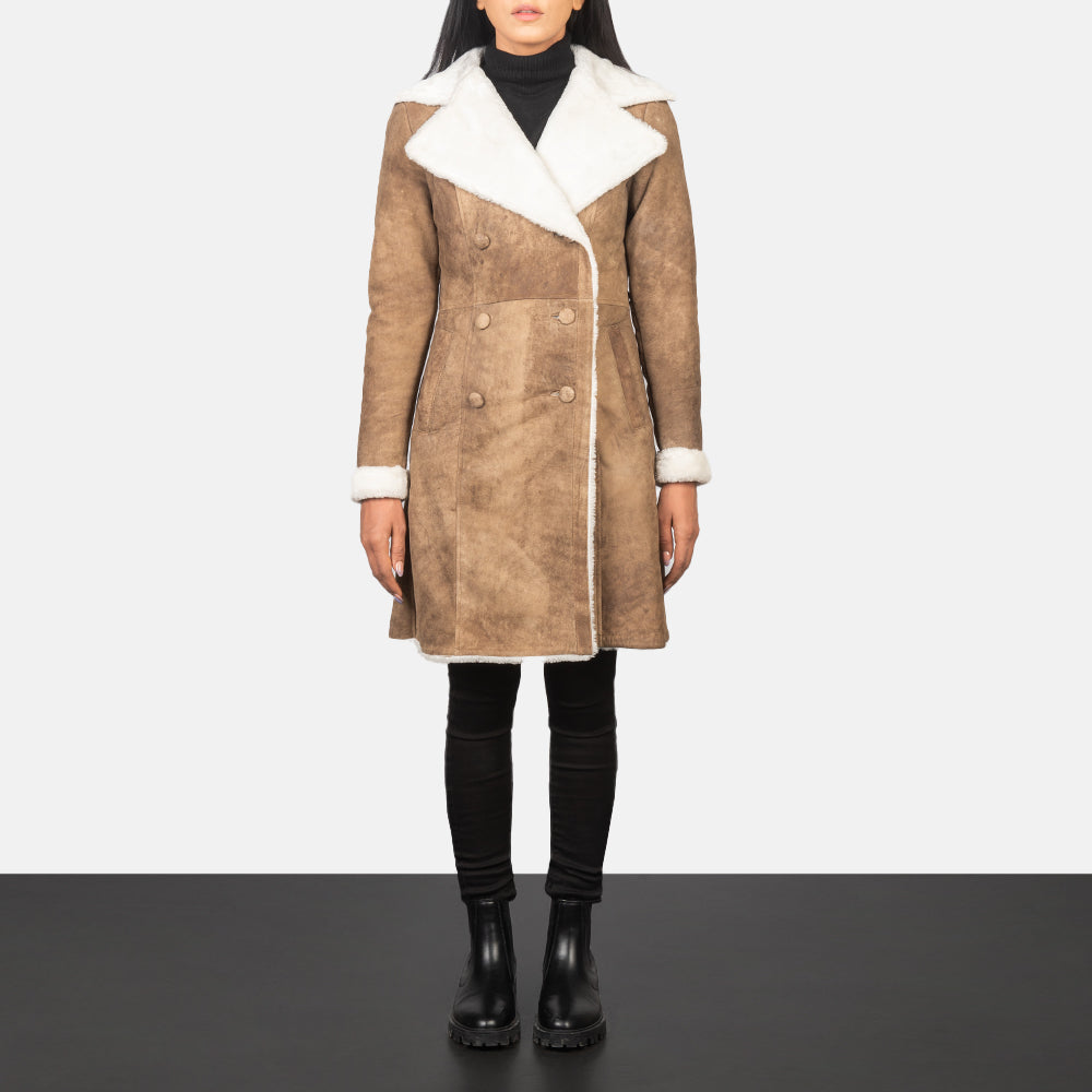 
Amie Distressed Brown Double Breasted Shearling Coat in Distressed Brown Sheepskin Snuffed - Front Profile View & Tailored Silhouette | Buy Online