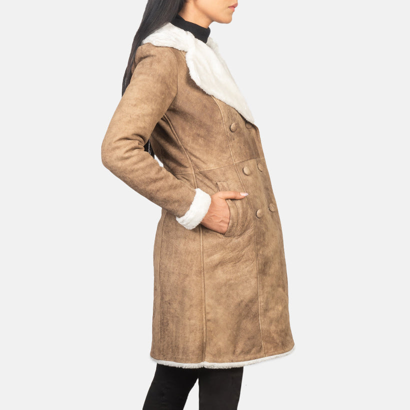 Amie Distressed Brun Double-Breasted Shearling Skinnkåpe for Kvinner