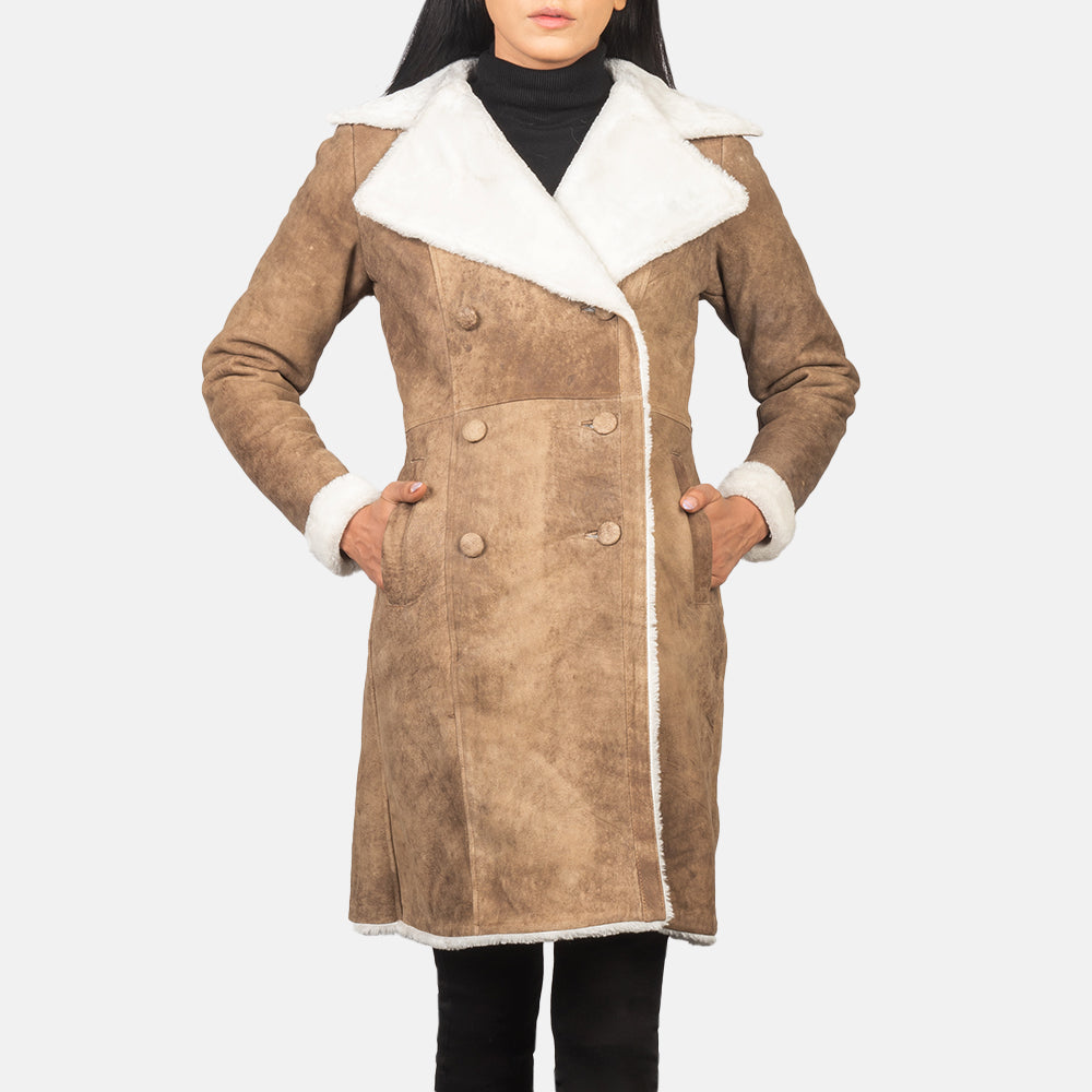 
Amie Distressed Brown Double Breasted Shearling Coat - Lateral Side Profile View Showing Sleeve Cut & Athletic Taper Fit