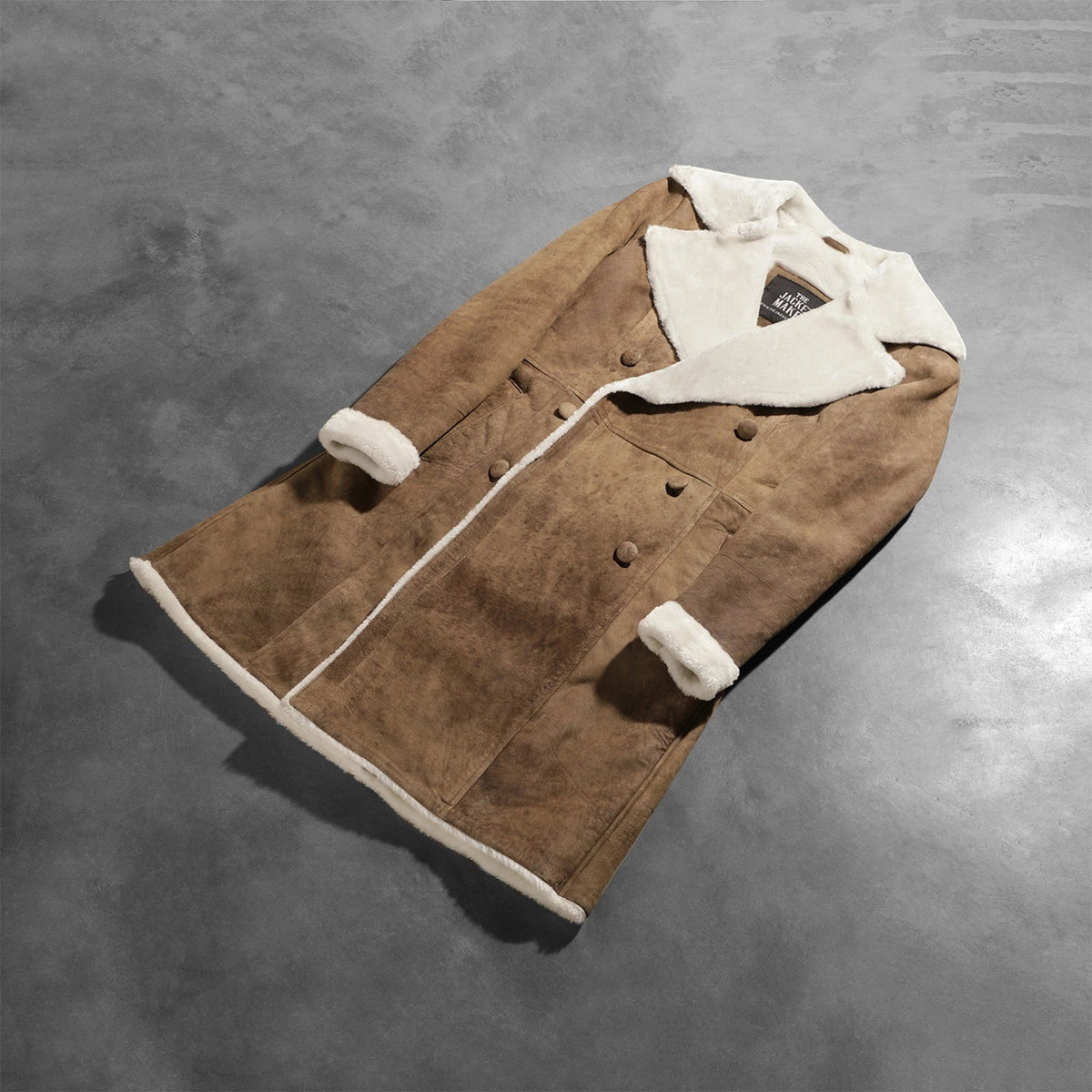 
Styled Fit Perspective of Amie Distressed Brown Double Breasted Shearling Coat on Model - Natural Daylight Drape