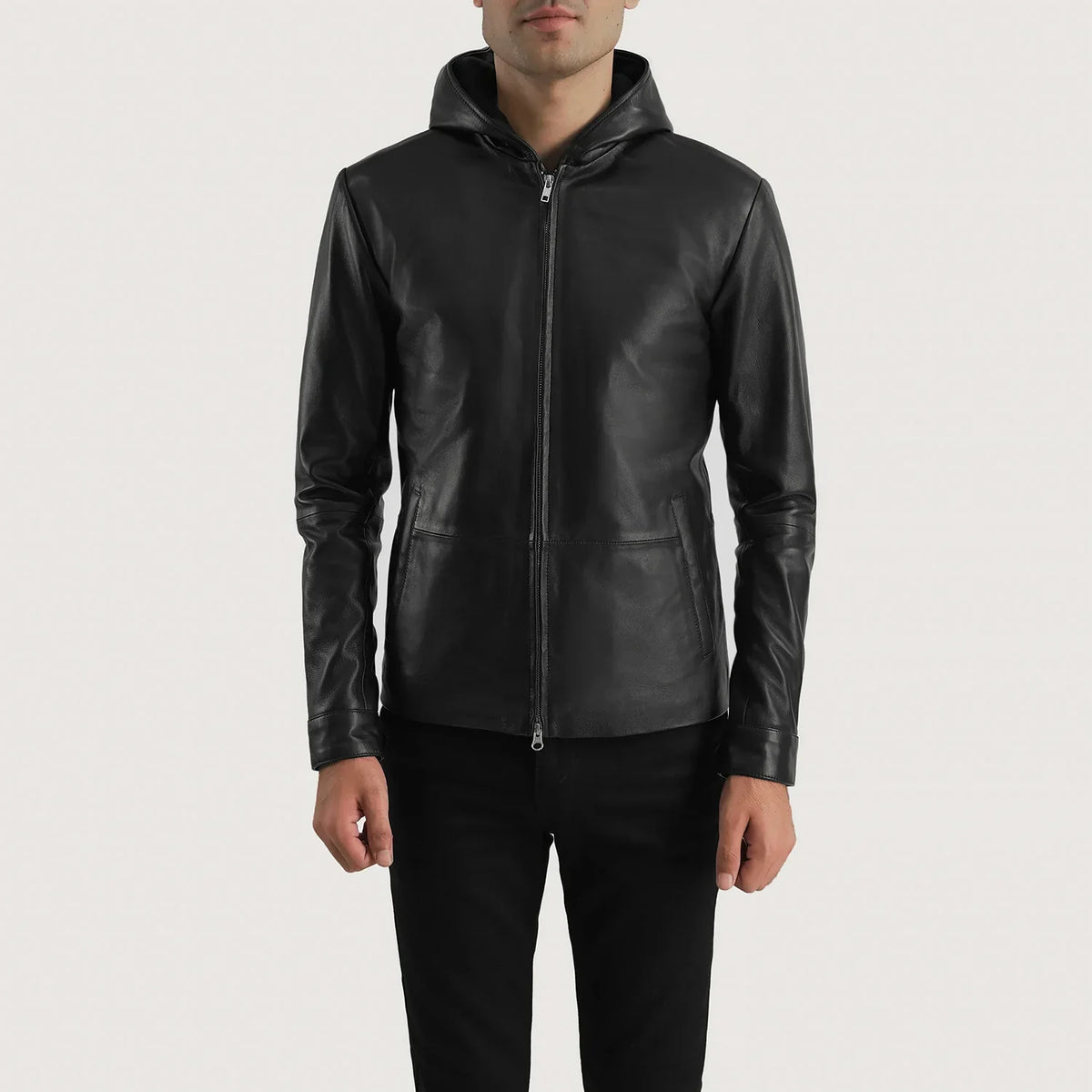Men's Andy Matte Svart Hooded Skinnjakke for Herre in Matte Black Sheepskin Leather - Front Profile View &amp; Tailored Silhouette | Buy Online