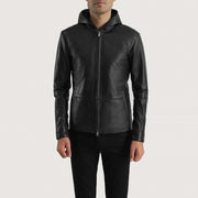 Men's Andy Matte Svart Hooded Skinnjakke for Herre in Matte Black Sheepskin Leather - Front Profile View &amp; Tailored Silhouette | Buy Online