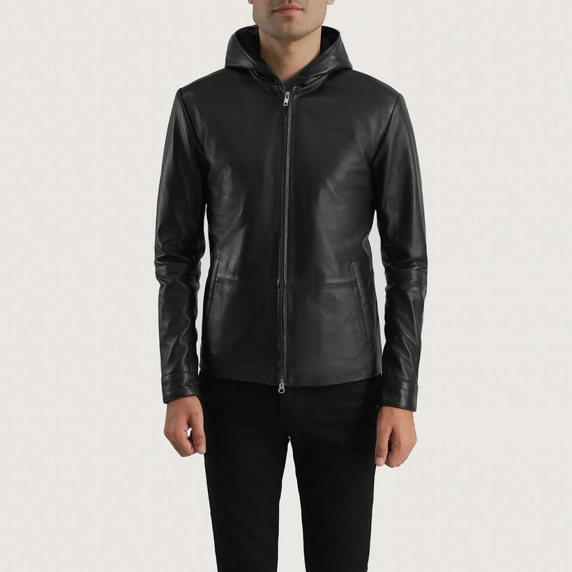 Andy Matte Svart Hooded Skinnjakke for Herre