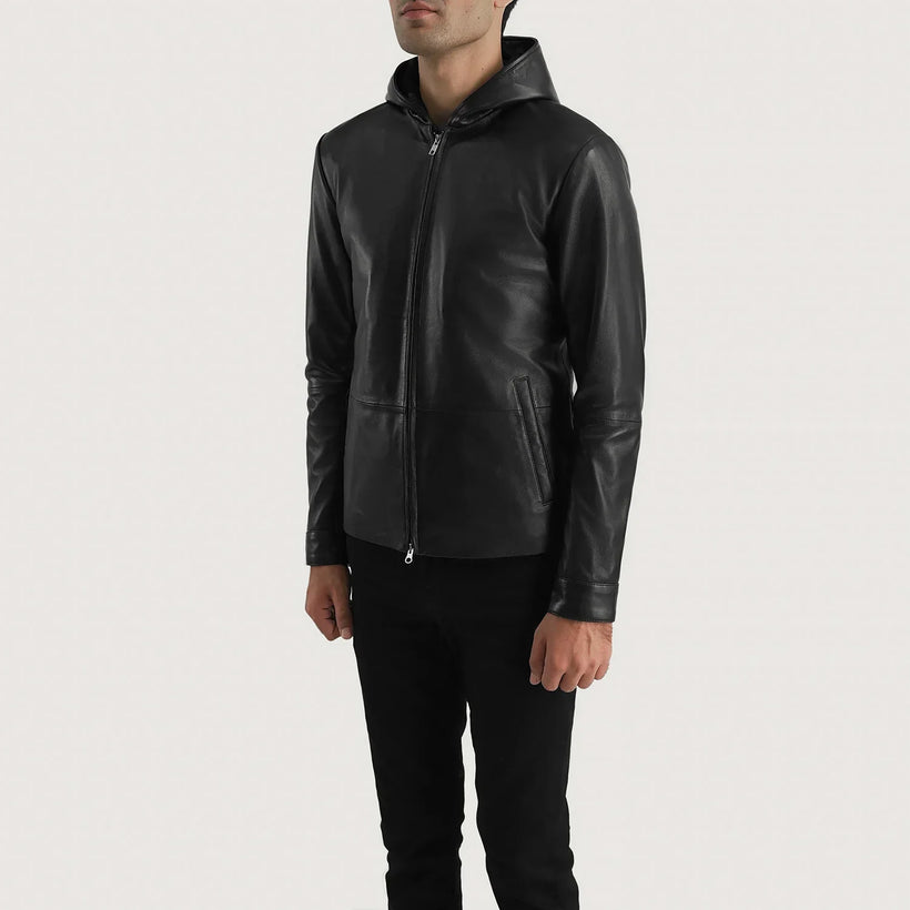 Andy Matte Svart Hooded Skinnjakke for Herre