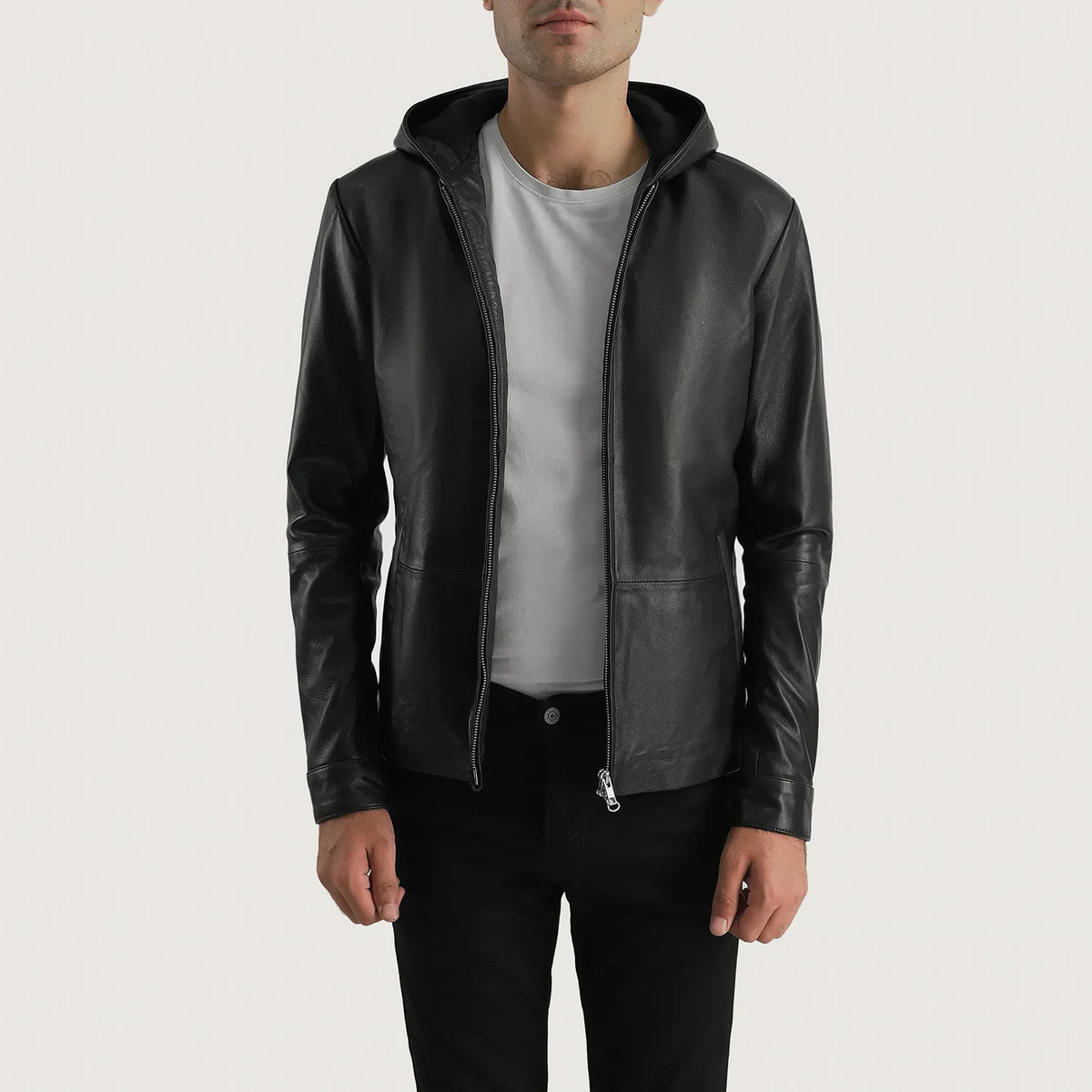 Men's Andy Matte Svart Hooded Skinnjakke for Herre - Lateral Side Profile View Showing Sleeve Cut &amp; Athletic Taper Fit