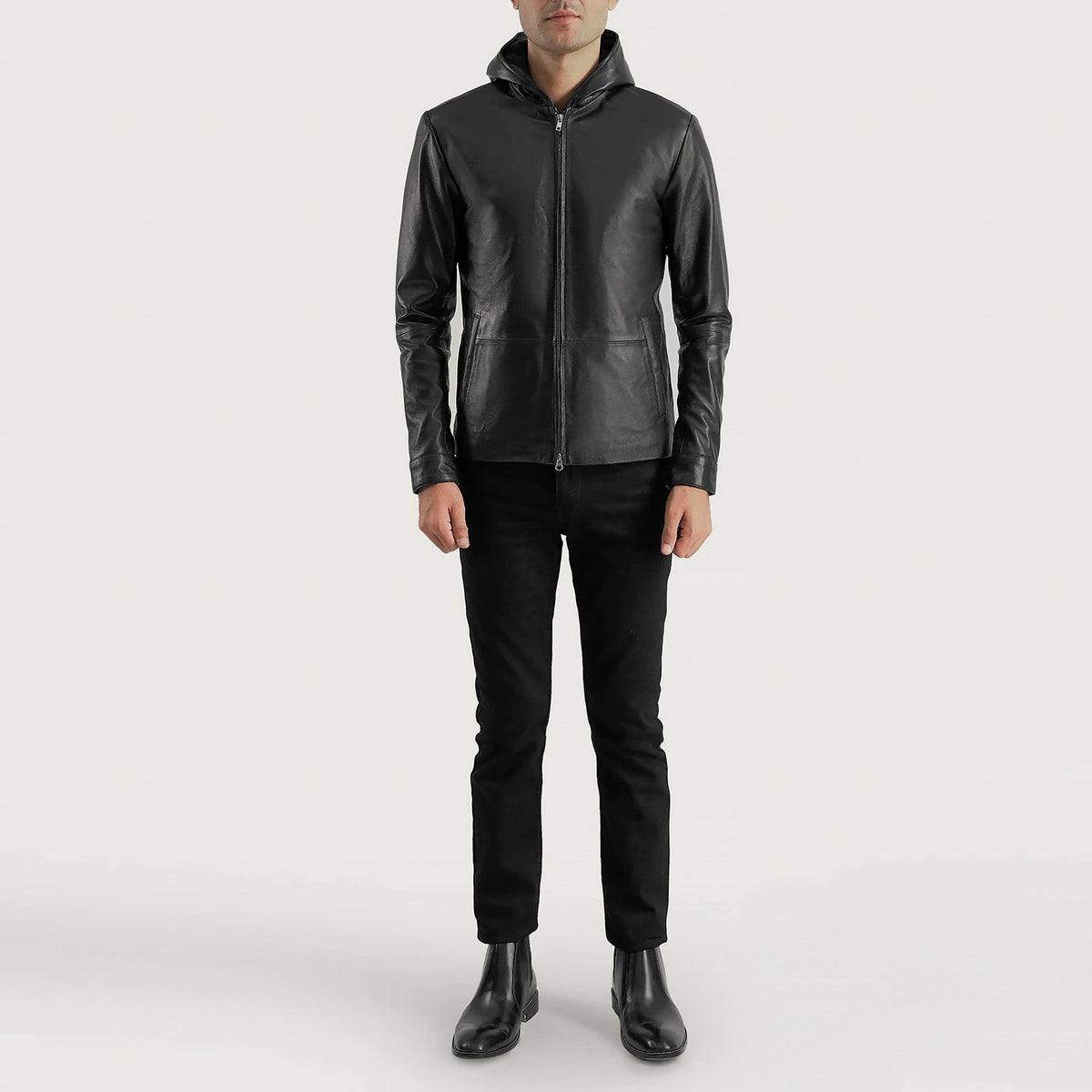 Close-Up Detail of Hooded &amp; Zipper Hardware on Men's Andy Matte Svart Hooded Skinnjakke for Herre